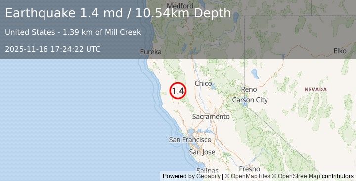 Earthquake 8 km N of Lake Pillsbury, CA (1.4 md) (2025-11-16 17:24:22 UTC)