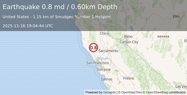 Earthquake 2 km N of The Geysers, CA (0.8 md) (2025-11-16 19:04:44 UTC)