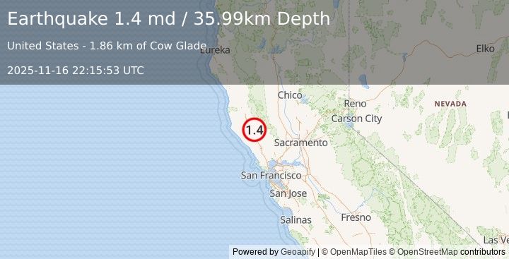 Earthquake 12 km NE of Cloverdale, CA (1.4 md) (2025-11-16 22:15:53 UTC)