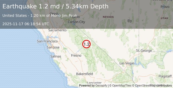 Earthquake 14 km W of Toms Place, CA (1.2 md) (2025-11-17 06:18:54 UTC)