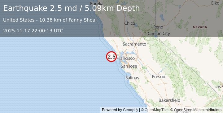 Earthquake 18 km SW of Point Reyes, CA (2.5 md) (2025-11-17 22:00:13 UTC)
