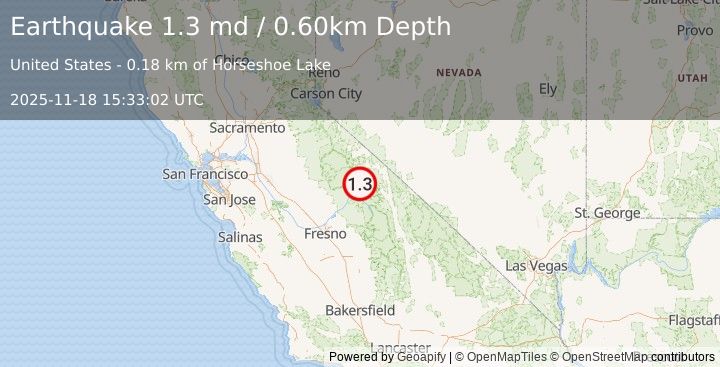 Earthquake 5 km SW of Mammoth Lakes, CA (1.3 md) (2025-11-18 15:33:02 UTC)