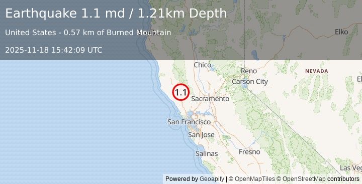 Earthquake 3 km NNW of The Geysers, CA (1.1 md) (2025-11-18 15:42:09 UTC)