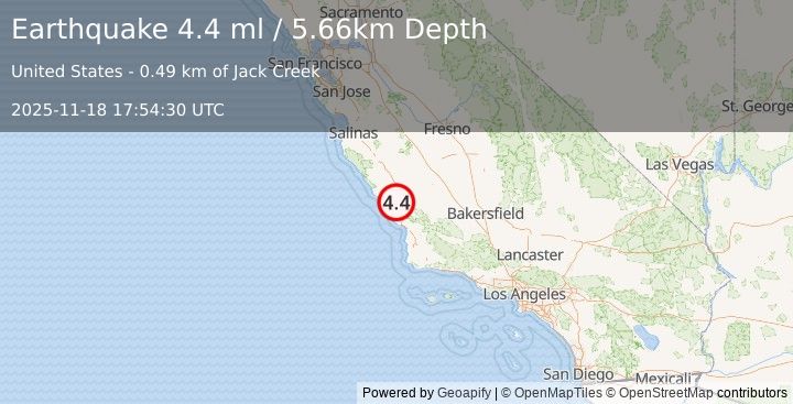 Earthquake 8 km W of Templeton, CA (4.4 ml) (2025-11-18 17:54:30 UTC)