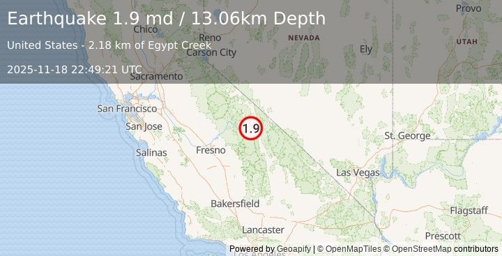 Earthquake 10 km SSW of West Bishop, CA (1.9 md) (2025-11-18 22:49:21 UTC)