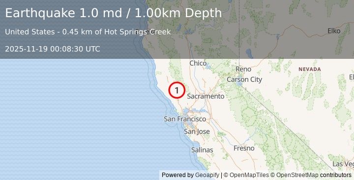 Earthquake 2 km NW of The Geysers, CA (1.0 md) (2025-11-19 00:08:30 UTC)