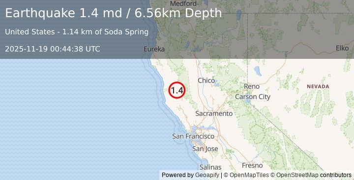 Earthquake 15 km NNE of Redwood Valley, CA (1.4 md) (2025-11-19 00:44:38 UTC)