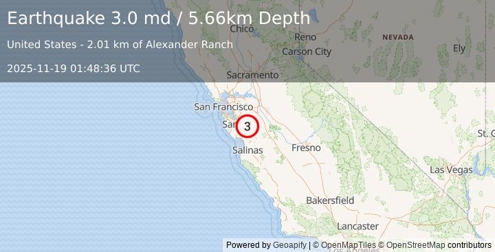 Earthquake 16 km E of Seven Trees, CA (3.0 md) (2025-11-19 01:48:36 UTC)