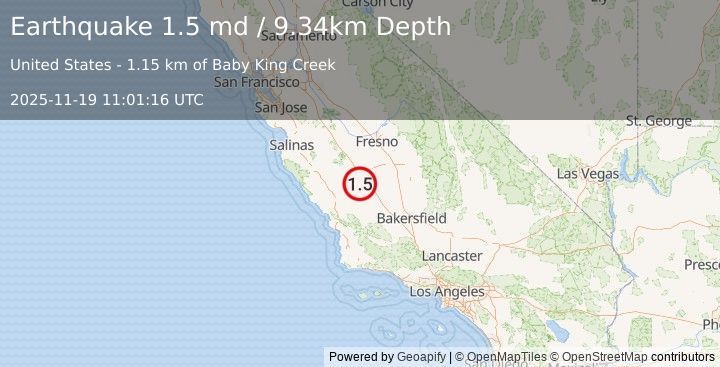 Earthquake 3 km SW of Avenal, CA (1.5 md) (2025-11-19 11:01:16 UTC)