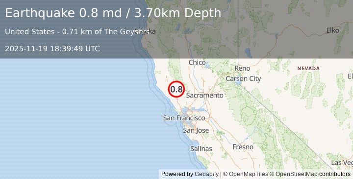 Earthquake 1 km W of The Geysers, CA (0.8 md) (2025-11-19 18:39:49 UTC)