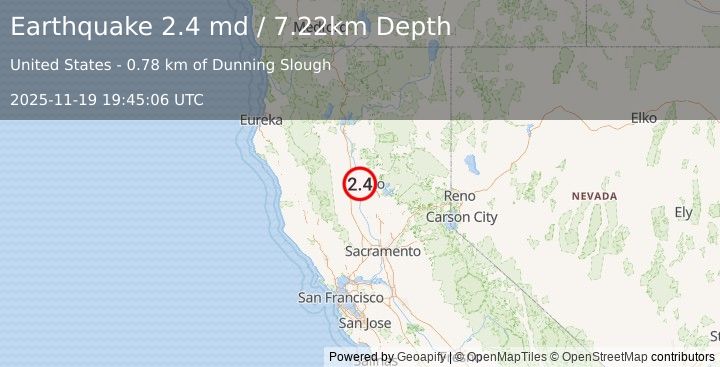 Earthquake 2 km SSE of Hamilton City, CA (2.4 md) (2025-11-19 19:45:06 UTC)