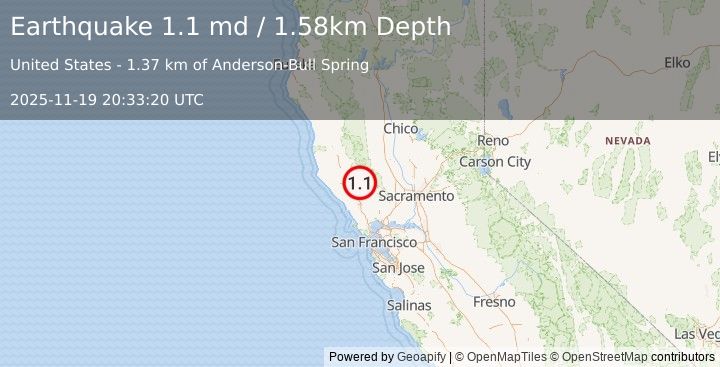 Earthquake 2 km ENE of The Geysers, CA (1.1 md) (2025-11-19 20:33:20 UTC)