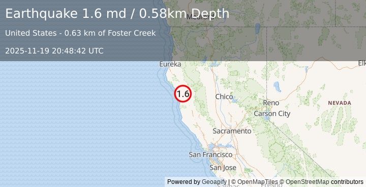Earthquake 19 km NW of Laytonville, CA (1.6 md) (2025-11-19 20:48:42 UTC)