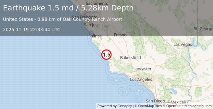 Earthquake 9 km W of Templeton, CA (1.5 md) (2025-11-19 22:33:44 UTC)