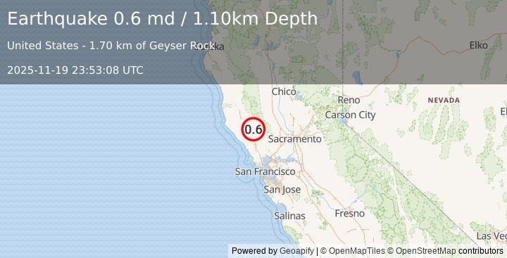 Earthquake 5 km NNW of The Geysers, CA (0.6 md) (2025-11-19 23:53:08 UTC)
