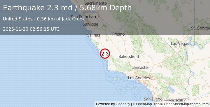 Earthquake 8 km W of Templeton, CA (2.3 md) (2025-11-20 02:56:15 UTC)