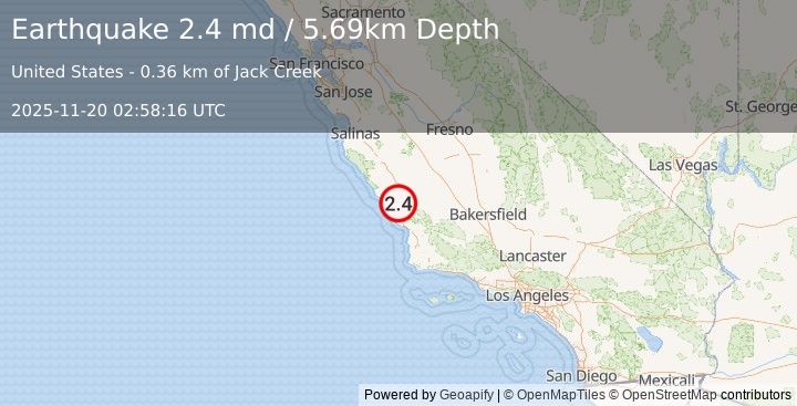 Earthquake 8 km W of Templeton, CA (2.4 md) (2025-11-20 02:58:16 UTC)