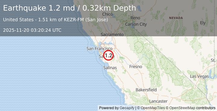Earthquake 6 km E of Alum Rock, CA (1.2 md) (2025-11-20 03:20:24 UTC)