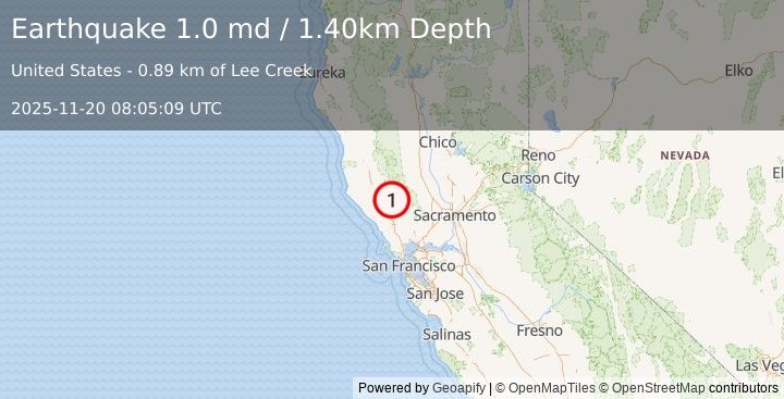 Earthquake 3 km W of Cobb, CA (1.0 md) (2025-11-20 08:05:09 UTC)
