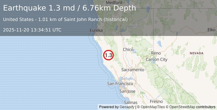 Earthquake 7 km E of Willits, CA (1.3 md) (2025-11-20 13:34:51 UTC)