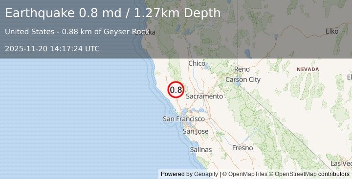 Earthquake 4 km NNW of The Geysers, CA (0.8 md) (2025-11-20 14:17:24 UTC)