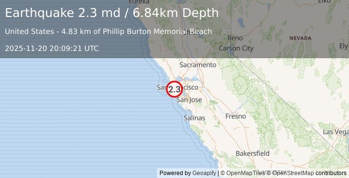 Earthquake 5 km WSW of San Francisco Zoo, CA (2.3 md) (2025-11-20 20:09:21 UTC)