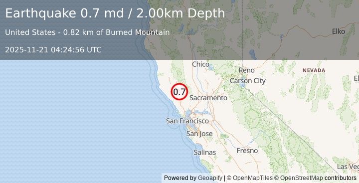 Earthquake 2 km NW of The Geysers, CA (0.7 md) (2025-11-21 04:24:56 UTC)