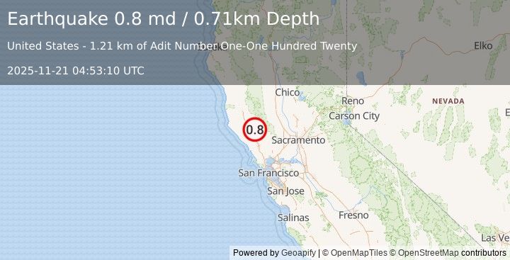 Earthquake 9 km WNW of The Geysers, CA (0.8 md) (2025-11-21 04:53:10 UTC)