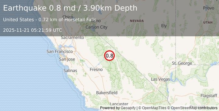 Earthquake 13 km W of Toms Place, CA (0.8 md) (2025-11-21 05:21:59 UTC)