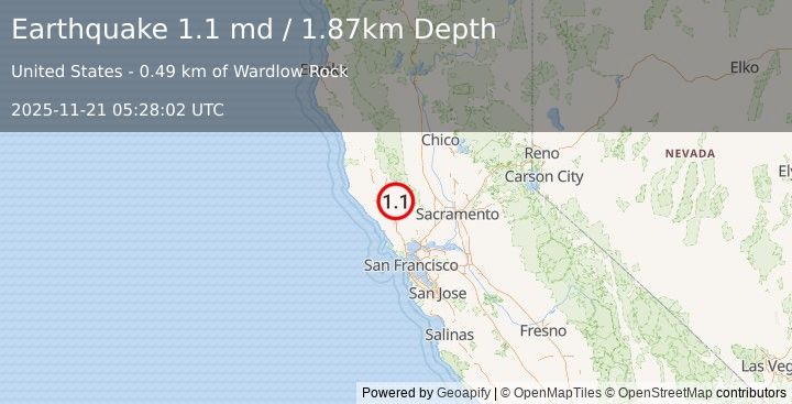 Earthquake 3 km WSW of Anderson Springs, CA (1.1 md) (2025-11-21 05:28:02 UTC)