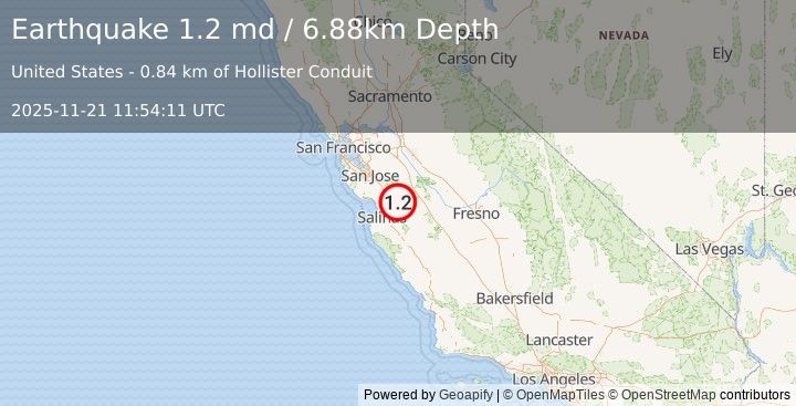 Earthquake 8 km NE of Hollister, CA (1.2 md) (2025-11-21 11:54:11 UTC)