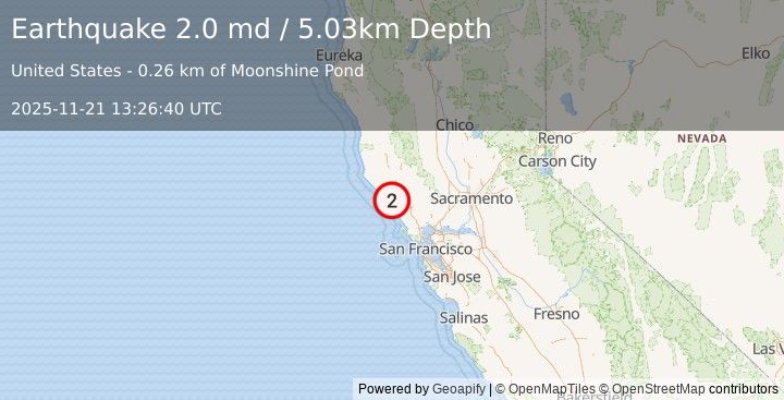 Earthquake 11 km WNW of Guerneville, CA (2.0 md) (2025-11-21 13:26:40 UTC)