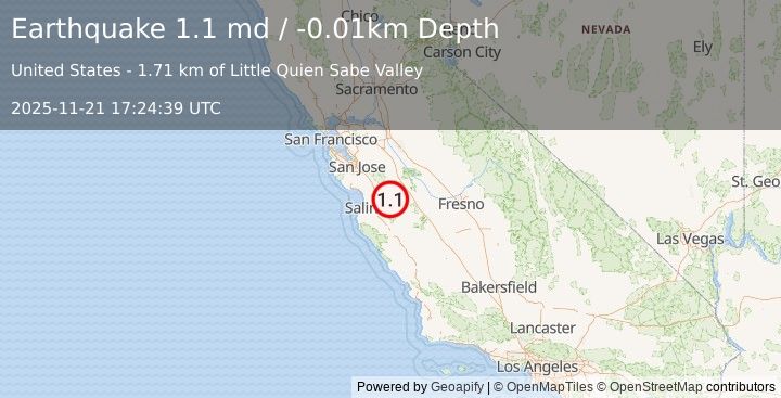 Earthquake 10 km ENE of Tres Pinos, CA (1.1 md) (2025-11-21 17:24:39 UTC)