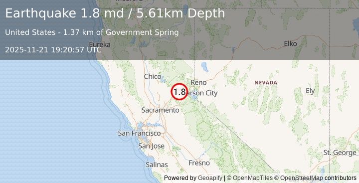 Earthquake 25 km NE of Foresthill, CA (1.8 md) (2025-11-21 19:20:57 UTC)