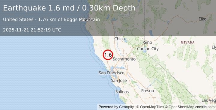 Earthquake 3 km NNE of Anderson Springs, CA (1.6 md) (2025-11-21 21:52:19 UTC)