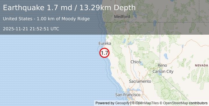 Earthquake 13 km SE of Petrolia, CA (1.7 md) (2025-11-21 21:52:51 UTC)
