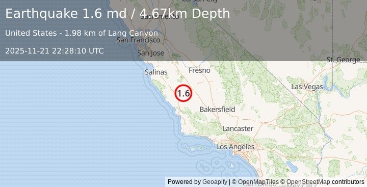 Earthquake 5 km NW of Parkfield, CA (1.6 md) (2025-11-21 22:28:10 UTC)