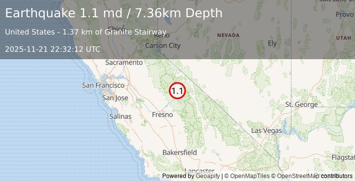 Earthquake 13 km WSW of Mammoth Lakes, CA (1.1 md) (2025-11-21 22:32:12 UTC)