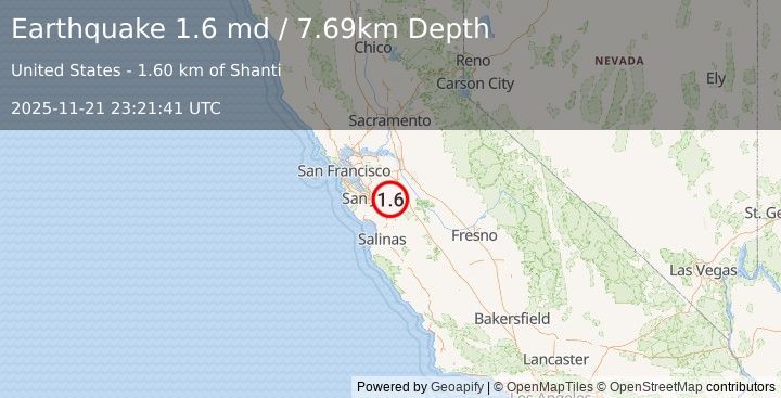 Earthquake 26 km NE of Morgan Hill, CA (1.6 md) (2025-11-21 23:21:41 UTC)