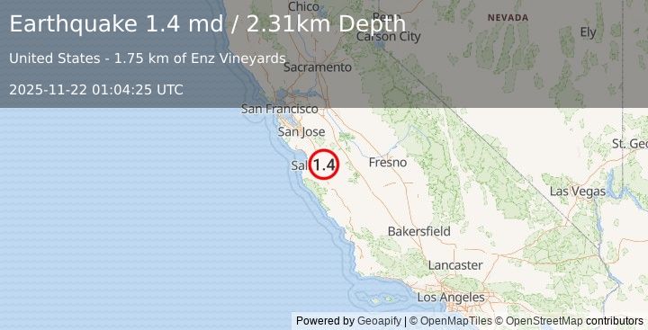 Earthquake 13 km S of Tres Pinos, CA (1.4 md) (2025-11-22 01:04:25 UTC)