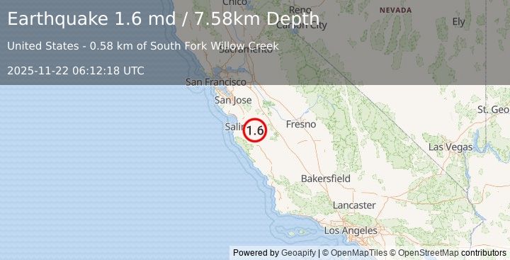 Earthquake 9 km NW of Pinnacles, CA (1.6 md) (2025-11-22 06:12:18 UTC)