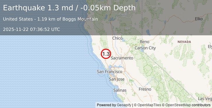Earthquake 3 km ESE of Cobb, CA (1.3 md) (2025-11-22 07:36:52 UTC)