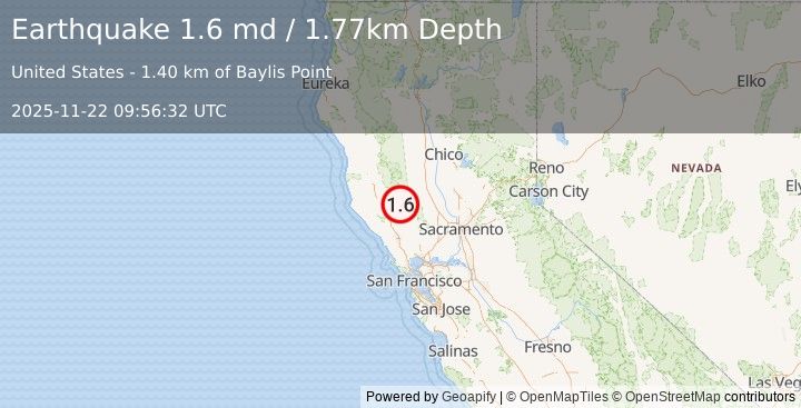 Earthquake 6 km W of Clearlake, CA (1.6 md) (2025-11-22 09:56:32 UTC)