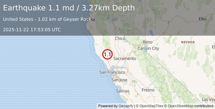 Earthquake 3 km NNW of The Geysers, CA (1.1 md) (2025-11-22 17:53:05 UTC)