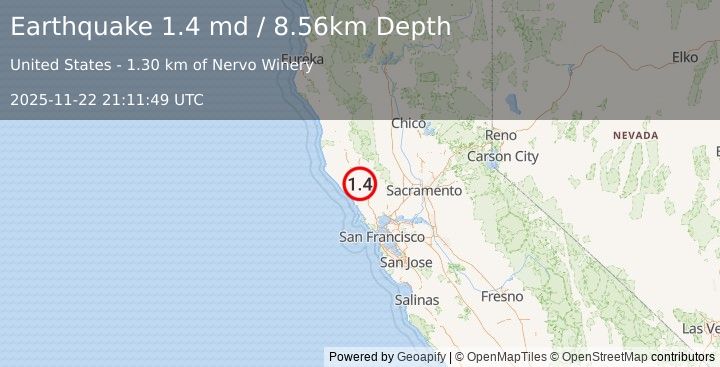 Earthquake 10 km NNW of Healdsburg, CA (1.4 md) (2025-11-22 21:11:49 UTC)