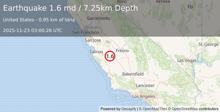 Earthquake 1 km ENE of New Idria, CA (1.6 md) (2025-11-23 03:00:26 UTC)