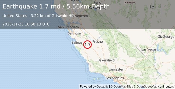Earthquake 12 km N of New Idria, CA (1.7 md) (2025-11-23 10:50:13 UTC)