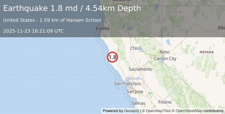 Earthquake 21 km SSW of Willits, CA (1.8 md) (2025-11-23 16:21:09 UTC)