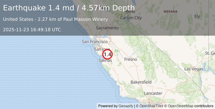 Earthquake 7 km E of Gilroy, CA (1.4 md) (2025-11-23 16:49:18 UTC)