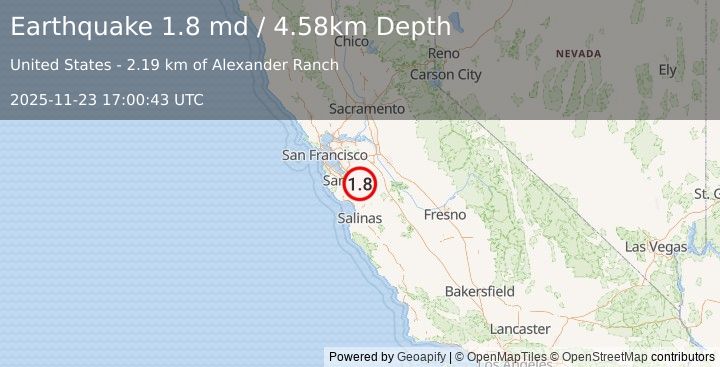 Earthquake 16 km N of Morgan Hill, CA (1.8 md) (2025-11-23 17:00:43 UTC)